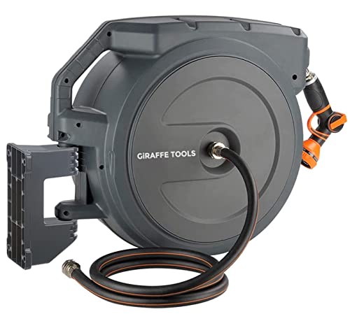 Giraffe Tools AW405/8MB Retractable Garden Hose Reel 5/8' x 90 ft PRO Metal Bracket, Heavy Duty, Any Length Lock Hose Reel, 90ft, Dark Grey