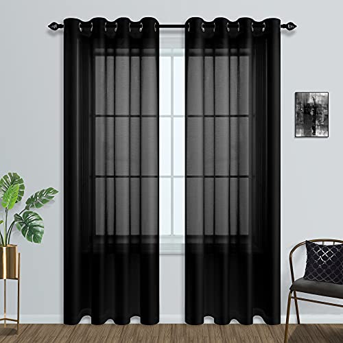 Mrs.Naturall Black Sheer Curtains 84 Inches Long for Living Room Set of 2 Panels Ring Grommet Window Curtain Panels for Bedroom 52x84 Inch Length