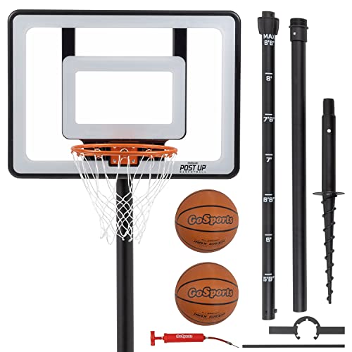 GoSports Post Up Portable Beach Basketball Hoop for Kids and Adults - Play on Grass or Sand - Includes 2 Basketballs, Pump and Accessories Tote