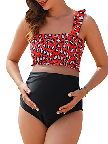 Summer Mae Maternity High Waist Bikini Swimsuit Two Piece Ruffled Hem Cute Bathing Suit Floral Pregnancy Swimwear Red Leopard Large