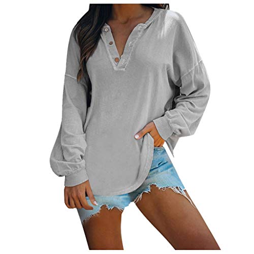 Meikosks Solid Color T Shirt Women's Long Sleeve Pullover Tops Loose V Neck Button Blouses Gray