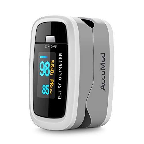 AccuMed CMS-50D1 Fingertip Pulse Oximeter Blood Oxygen Sensor SpO2 for Sports and Aviation. Portable and Lightweight with LED Display, 2 AAA Batteries, Lanyard and Travel Case (White)