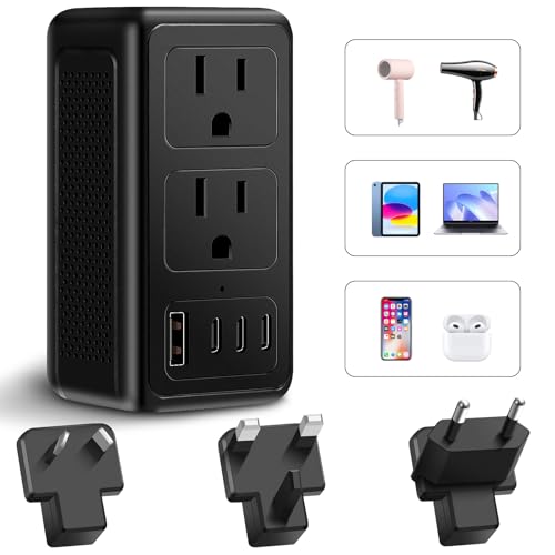 220V to 110V Converter, 220 to 110 Voltage Converter US to Europe for Hair Dryer, Power Converter Adapter Combo with 1 USB A and 3 USB C, European Travel Plug Adapter from US to EU UK AU(Black)