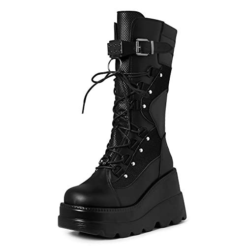 mikarka Womens Holographic Platform Mid Calf Combat Boots Lace Up Wedge Heel Studded Goth Knee High Boots
