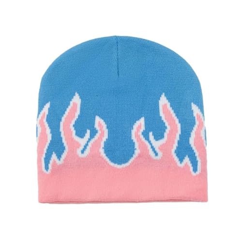 BEAGUDNIA Flame Beanie Fire Knit Ski Hat Punk Skull Cap Flame Skullies (Pink Blue)
