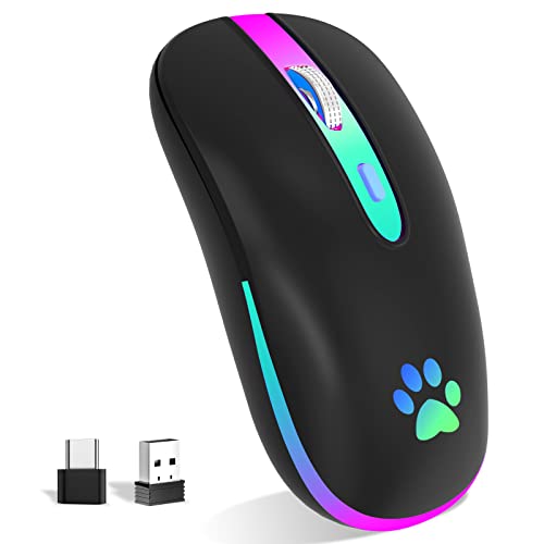 FUWANG Wireless Mouse,Rechargeable LED Wireless Bluetooth Mouse,Portable USB Optical 2.4G Wireless Bluetooth Two Mode Computer Mice with USB & Type-c Receiver(Black)