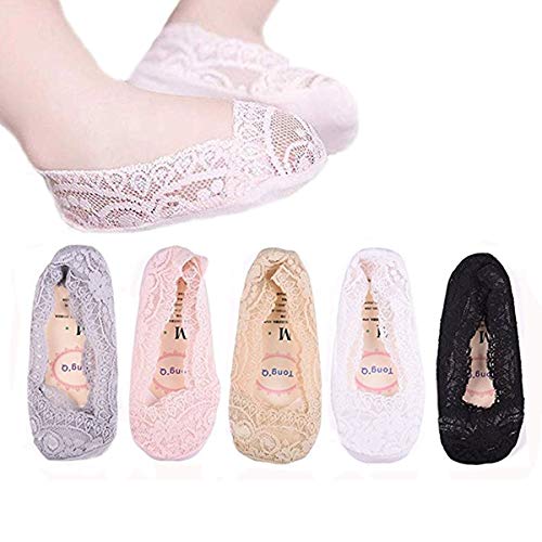 5 Pairs Girls Lace No Show Low Cut Socks Toddler Summer Non Skid Invisible Cotton Liner Sock (5Pack-Lace, M(4-6years old))
