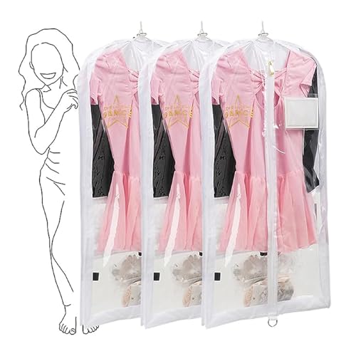 Elite Dance Gear 35' Clear Garment Bag With 3 Zipper Pockets for Suits Dress Cover, Travel & Competitions Protector, Dance Costumes, Girls Dress Recital Outfit Organizer, 3 packs, White