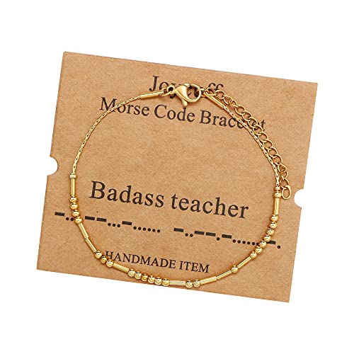 JoycuFF Morse Code Bracelets Bds Teacher Funny Inspirational Teacher Appreciation Gifts for Women Birthday Teacher's Day Christmas Courage Gold Beaded Bracelet for Her Jewelry