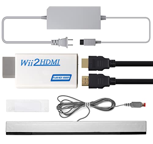 4 in 1 Wii to HDMI Adapter + Wii Power Cord AC Adapter + Wii Sensor Bar Wired Motion Sensor Bar + 5ft High Speed HDMI Cable Compatible with Nintendo Wii (Not for Wii U)
