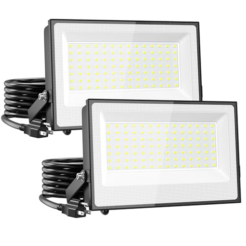 Onforu 100W Flood Lights Outdoor, 8900lm Bright LED Work Light with Plug, 6500K Daylight White LED Flood Light Outdoor, IP66 Waterproof Security Lights Yard Lights for Yard Garage Stadium 2 Pack