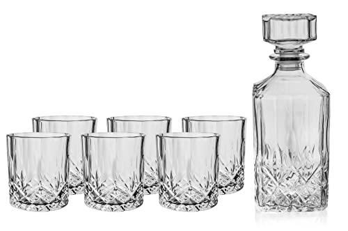 Fifth Avenue Campbel Whiskey Decanter and Glass Set | 7-Piece Set for Liquor, Scotch, Wine and Bourbon | Beverage Dispenser | 6 Matching Glass Tumblers | Elegant Liquor Carafe with Stopper