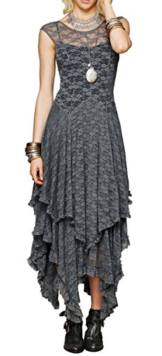R.Vivimos Womens Sleeveless Backless Asymmetrical Layered Lace Long Dress with Slip Two Pieces (Medium, Grey)
