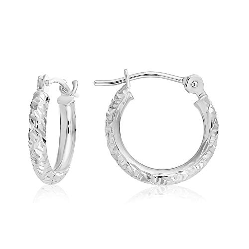 14k Gold Hand Engraved Diamond-cut Round Hoop Earrings (White Gold)…