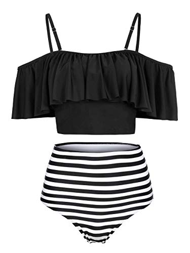 Kaei&Shi Strapless,Strappy Swimwear,Striped High Waisted Flounce Bikini Set,Tummy Control Swimsuits for Women,Off Shoulder Bathing Suit Black Stripe Medium