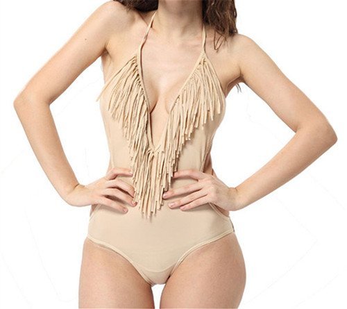 Polovi Women's Swimsuit V-Neck Tassel Bandage Bikini Swimwear Bathing Suit Beige (US Size(4-6))