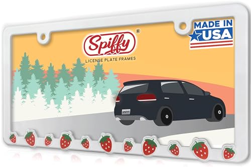Cute Pink Strawberry License Plate Frame for Women by Spiffy Accessories | White Kawaii License Plate Cover | Aesthetic Boho Tag Holder for Cars | Great Gift for New Car Owner | Made in The USA