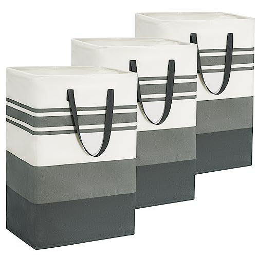 Goodpick Collapsible Laundry Baskets, 3-Pack 75L Laundry Basket Holder, Large Clothes Hampers for Laundry, Tall Laundry Bin with Extended Handles, Dirty Clothes Basket for Dorm and Home, Grey