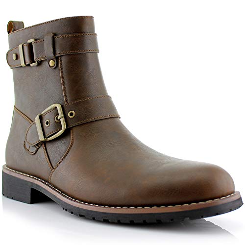 Polar Fox Wyatt MPX608005 Mens Casual Engineer Zipper and Buckle Motorcycle Boots – Brown, Size 12