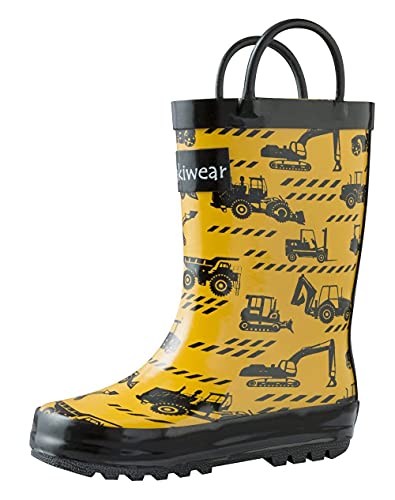 OAKI Kids Rubber Rain Boots with Easy-On Handles, Construction Vehicles, 8T