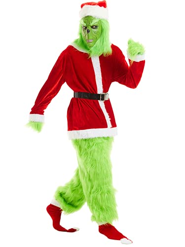 Christmas Green Monster Costume Deluxe 7PCS for Adult Santa Furry Costume Suit Furry Adult Santa Suit Green Outfit (S/M, green+red)