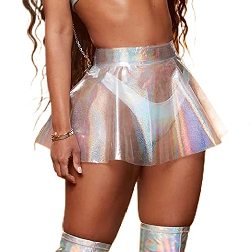GRAEEN Women‘s Flared Pleated Skirts Shiny See Through Mini Skirt High Waist Clubwear Novelty Skirt for Women (Medium)
