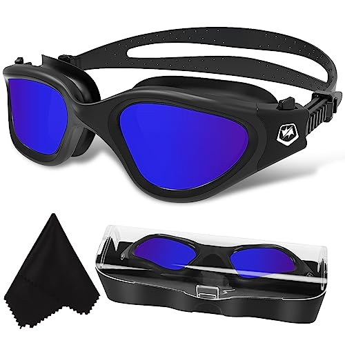 WIN.MAX Polarized Swimming Goggles Swim Goggles Anti Fog Anti UV No Leakage Clear Vision for Men Women Adults Teenagers (All Black/Blue Polarized Mirrored Lens)
