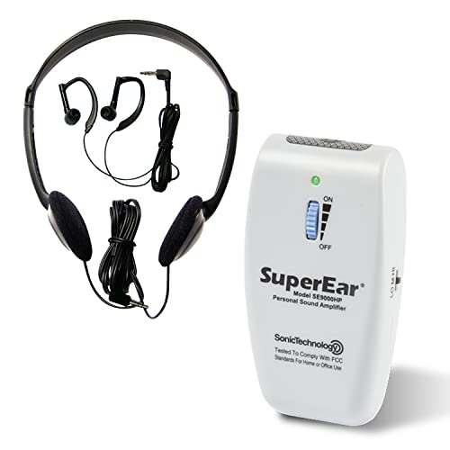 SuperEar Rechargeable Personal Sound Amplifier Model SE9000HP (PSAP) - 50dB Amplifier with Headphones, Earbuds, and Tactile 3 Tone Frequency (Hi-Med-Low) for Adults, Audiologists, Seniors, and Elderly