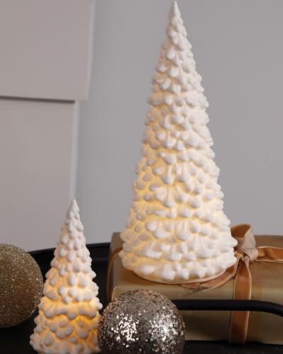 RM ROOMERS Ceramic Christmas Tree Set of 2, Led Porcelain Christmas Tree, White Ceramic Christmas Trees That Light up for Mantle, Christmas Decorations, Vintage and Table Decor