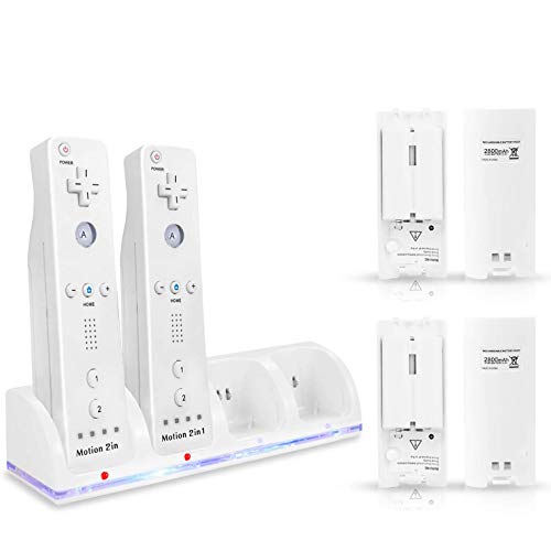 Wii Controller Battery Charger, Moclever 4 Port Charging Station Dock with 4 Rechargeable Capacity Increased Batteries and Lengthened Cord Compatible with Wii/Wii U Game Remote Controller(White)
