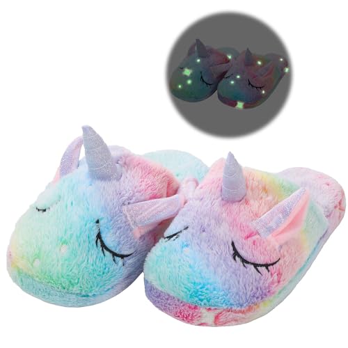 TYONMUJO Kids Unicorn Slippers for Boys Girls Toddler Fuzzy Slippers Children House Slippers with Anti Slip Soles Glow in the Dark Rainbow Unicorn F24