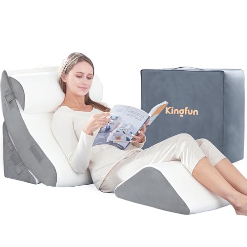 Kingfun 4pcs Orthopedic Bed Wedge Pillow Set for Post Surgery, Memory Foam for Sleeping, Adjustable Leg, Back and Arm Support, Sitting Up and Rest Pillow with Travel Bag