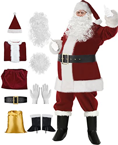 VeMee Santa Claus Costume Christmas Santa Suit Adults Men's Costume Deluxe Plush Santa Outfit Burgundy X-Large