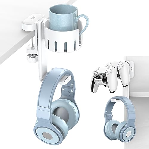 KDD Rotatable Headphone Hanger - 3 in 1 Under Desk Clamp Controller Stand Replaceable Cup Holder - Compatible with Universal Headset, Controller, Cup(White)