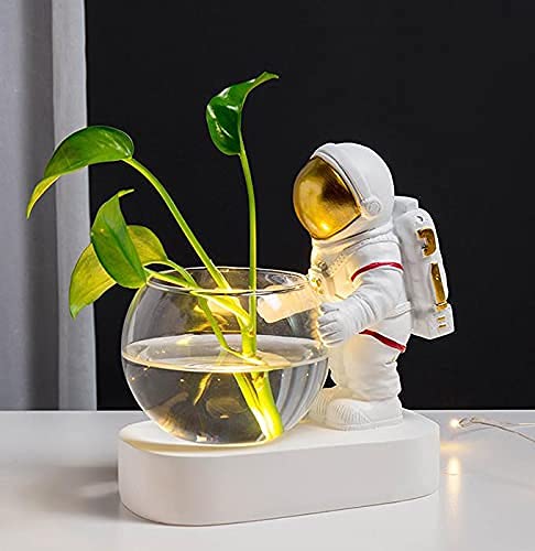 Astronaut Planter, Spaceman Glass Vase，Astronaut Resin Hydroponics Flower Vases，Led Light Nordic Modern Succulent Flower Pot Creative Decor White for Home Office Table