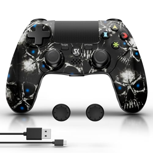 Wireless Controller for PS4, Bluetooth Controller for Sony PlayStation 4, 800mAh Battery with Power Cord, Double Shock 6-Axis Motion Sensor, with 3.5mm Headset Jack & Joystick Caps, Skull Skin Black