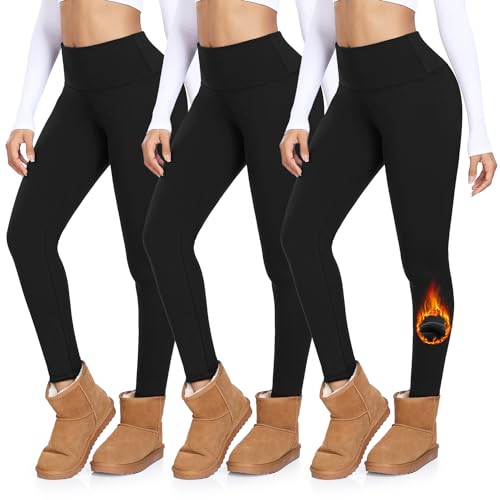 MOREFEEL 3 Pack Thermal Fleece Lined Leggings Women,High Waisted Tummy Control Warm Winter Yoga Workout Thick Pants Black/Black/Black