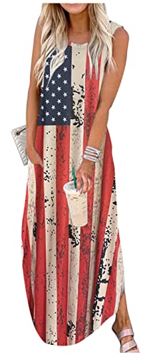 CHUNTIANRAN Women's Maxi Dress Summer Casual Sundress Sleeveless Long Dresses Hawaiian Beach Maxi Dresses with Pockets(USA Flag,Small)