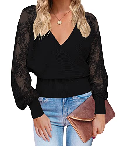 ZESICA Women's 2023 Fall V Neck Lace Patchwork Solid Color Long Sleeve Casual Knit Pullover Sweater Tops,Black,Small