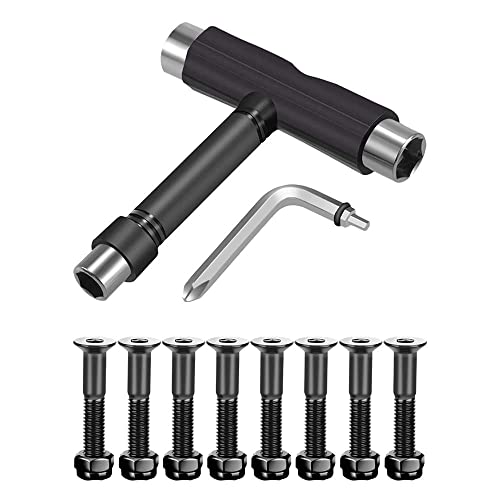 Skateboard Hardware 8PCS Bolts Set and All-in-One Skate Tools Portable Skateboard T Accessory with Tool L-Type Phillips Head Wrench Screwdriver
