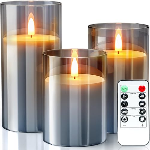 WarmEmbrace Flameless Candles, Tea Lights Candles Battery Operated, Christmas Glass Flameless Candles with Remote, 3-Pack Fake Candles LED Candles for Christmas, Wedding, Table Decorations (Grey)