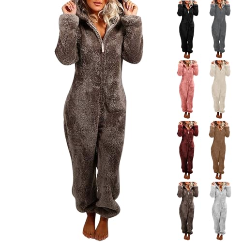 CRNTCEM Womens Fleece Jumpsuit Pajamas Warm Sherpa Romper Sleepwear Winter One Piece Zipper Plus Size Hooded Onesies Teddy Furry Fuzzy Plush Playsuit Loungewear Brown