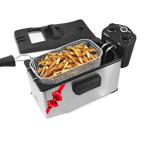 Elite Gourmet EDF-3500 Electric Immersion Deep Fryer. Removable Basket, Timer Control Adjustable Temperature, Lid with Viewing Window and Odor Free Filter,Stainless Steel,3.5 Quart / 14 Cup