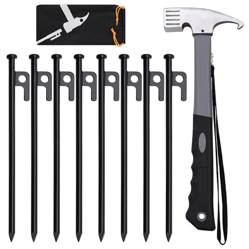 LFSEMINI 4/8/16pcs Tent Stakes and Hammer Set, 8/10/12/16in Heavy Duty Forged Steel Tent Stakes + Camping Hammer + Storage Pouch, Available in Rocky Place(8pcs 10in Stakes and Hammer)