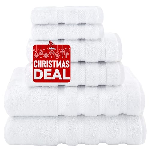American Soft Linen Luxury 6 Piece Towel Set, 2 Bath Towels 2 Hand Towels 2 Washcloths, 100% Turkish Cotton Towels for Bathroom, White Towel Sets