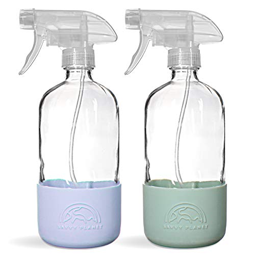 SAVVY PLANET Empty Clear Glass Spray Bottles with Silicone Sleeve Protection - Refillable 16 oz Containers for Cleaning Solutions, Essential Oils - Quality Sprayer - 2 Pack