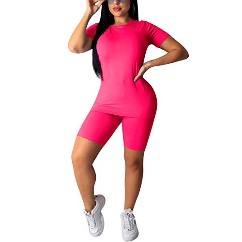Nimsruc Women's 2 Piece Outfits Summer Casual Bodycon Shorts Pant Set Rose Red S