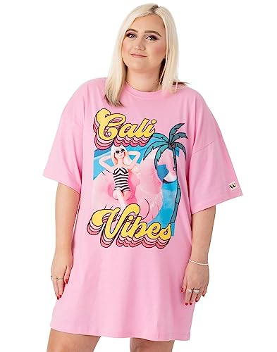 Barbie Womens Oversized T-Shirt Dress | Ladies California Vibes Doll Short Sleeve Summer Outfit | Pink Graphic Tee