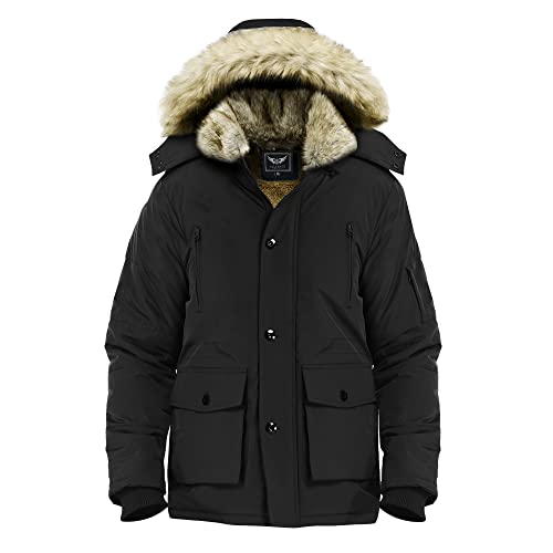 JYG Men's Winter Thicken Coat Warm Puffer Parka Jacket with Faux Fur Removable Hood (Black,XL)
