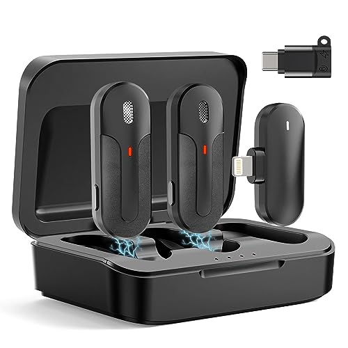 MAXDORIA Wireless Lavalier Microphone,Wireless Clip Mic for iPhone,iPad,Type-C Phone,2 Pack Mini Microphone with 600mAh Charging Case,Wireless Mic for Video Recording,Interview,Tiktok,YouTube,etc